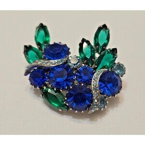 Vintage Blue Green Rhinestone Silver Tone Brooch